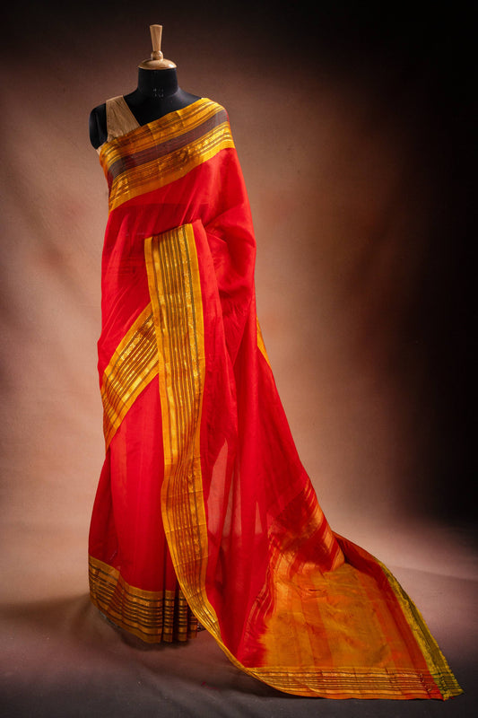 Red Gadwal Cotton Mix Saree with Yellow Border
