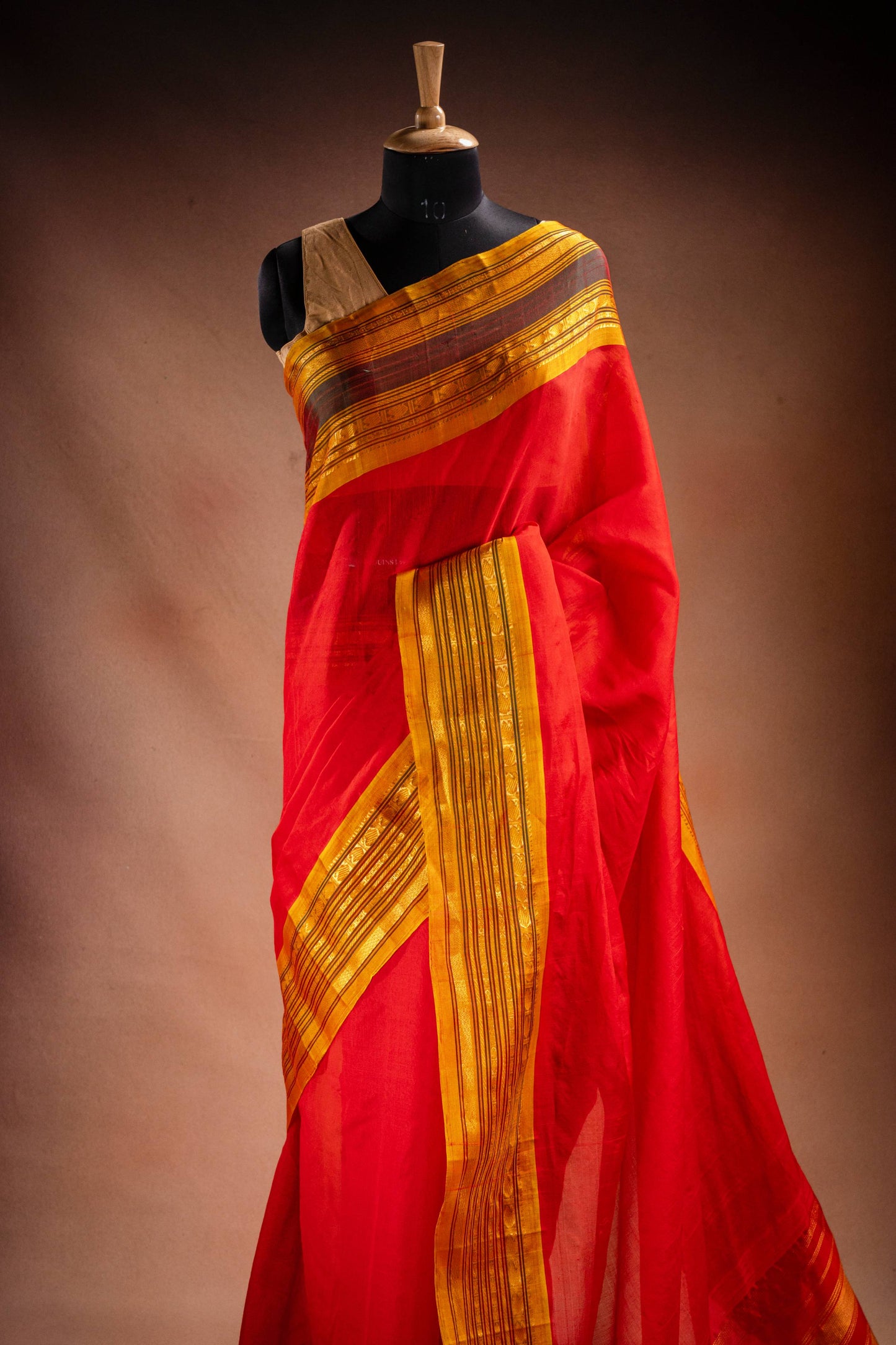 Red Gadwal Cotton Mix Saree with Yellow Border