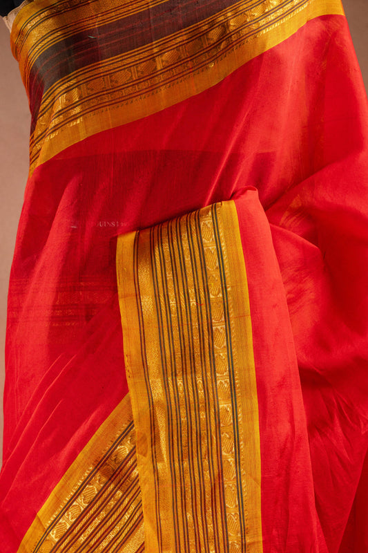 Red Gadwal Cotton Mix Saree with Yellow Border