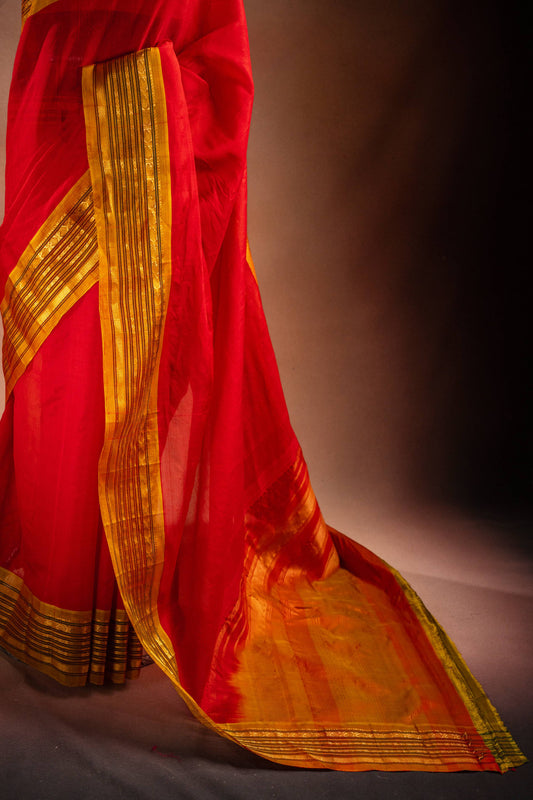 Red Gadwal Cotton Mix Saree with Yellow Border