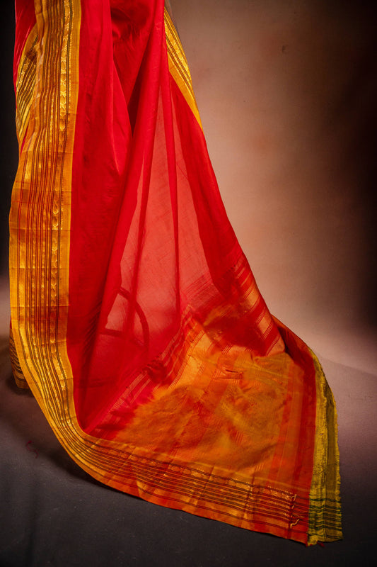 Red Gadwal Cotton Mix Saree with Yellow Border