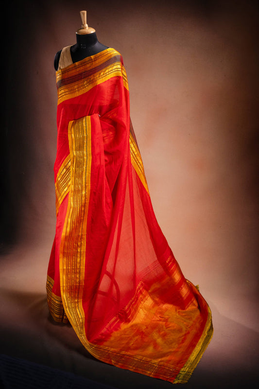 Red Gadwal Cotton Mix Saree with Yellow Border