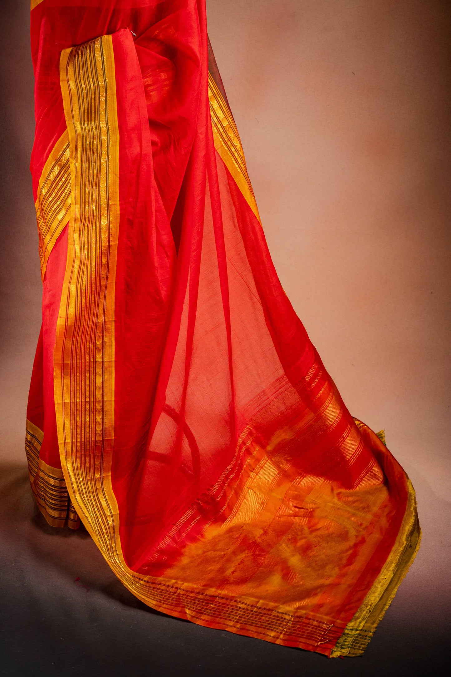 Red Gadwal Cotton Mix Saree with Yellow Border