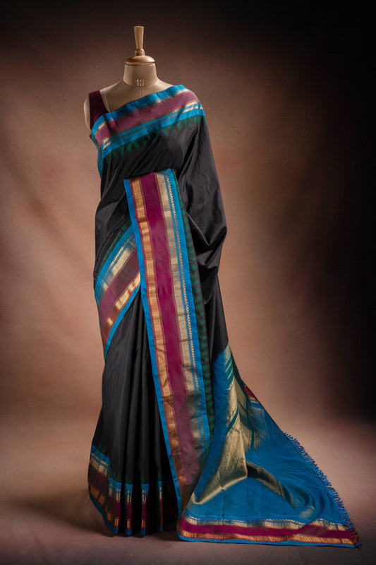 Gadwal Silk Black with Blue Border Saree