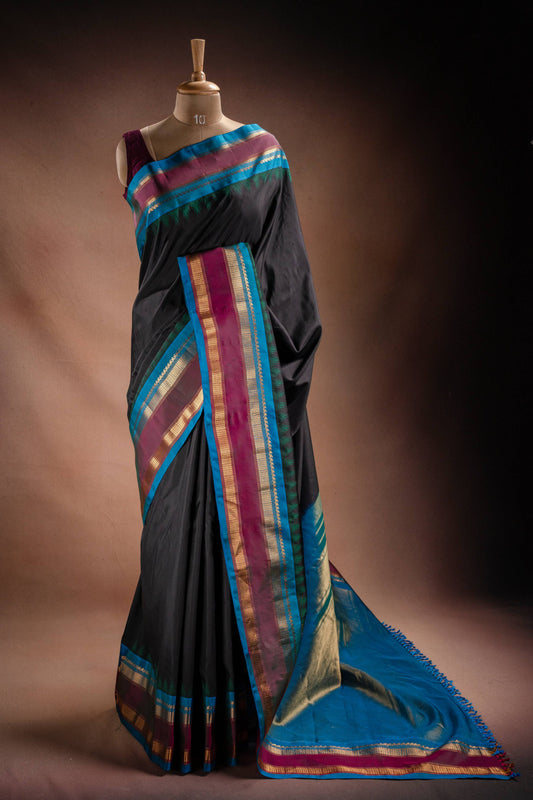Gadwal Silk Black with Blue Border Saree