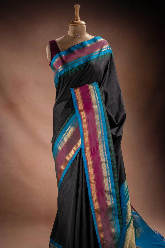 Gadwal Silk Black with Blue Border Saree