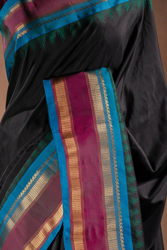 Gadwal Silk Black with Blue Border Saree