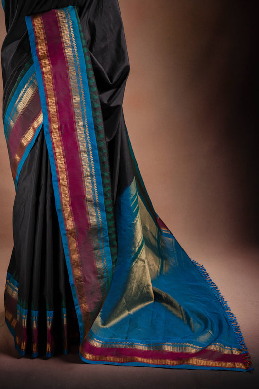 Gadwal Silk Black with Blue Border Saree