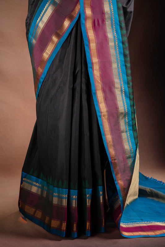 Gadwal Silk Black with Blue Border Saree