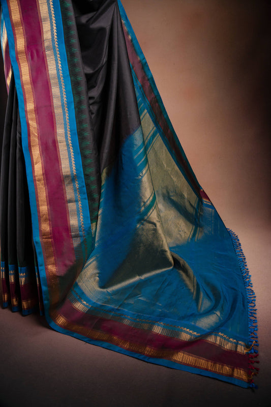 Gadwal Silk Black with Blue Border Saree