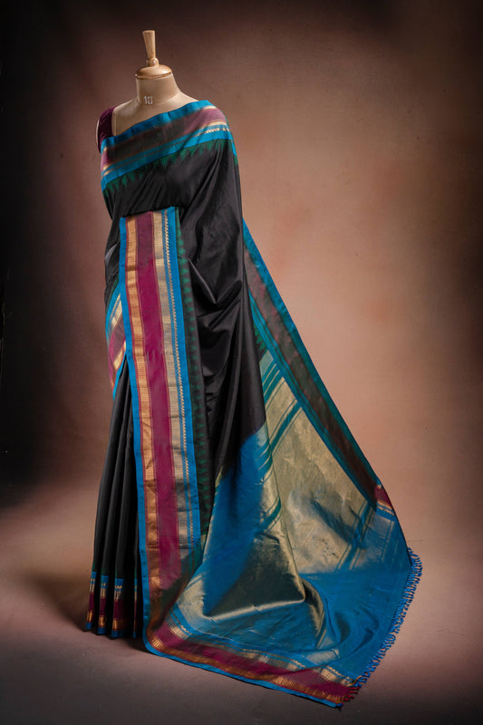 Gadwal Silk Black with Blue Border Saree