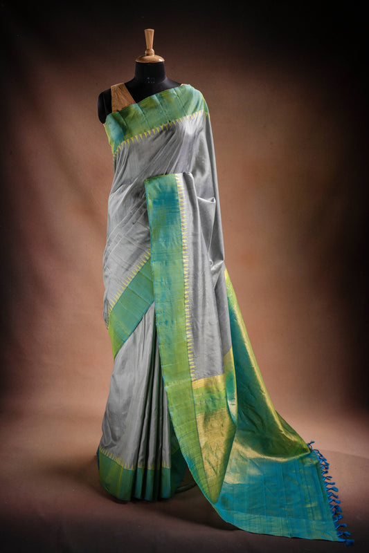 Gadwal Silk Grey with Green Border Saree
