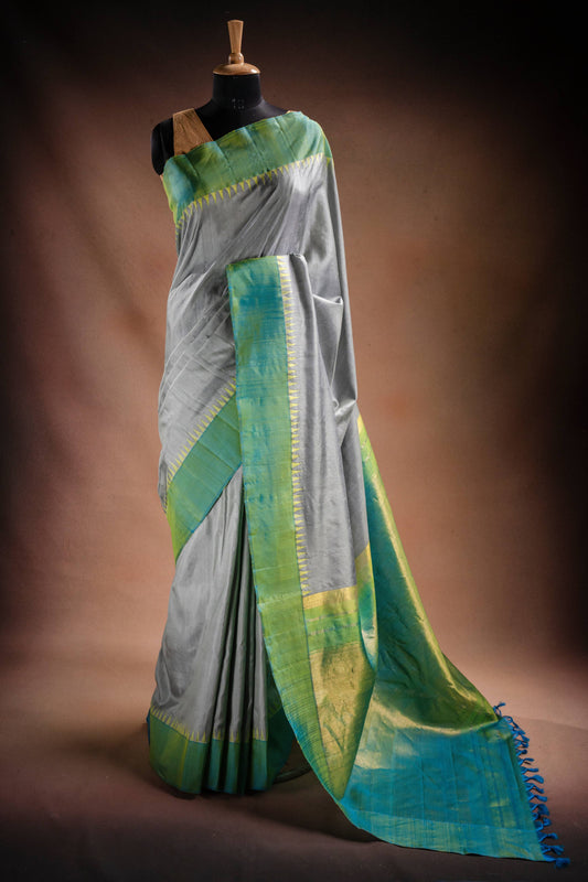 Gadwal Silk Grey with Green Border Saree