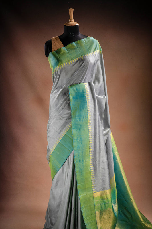 Gadwal Silk Grey with Green Border Saree