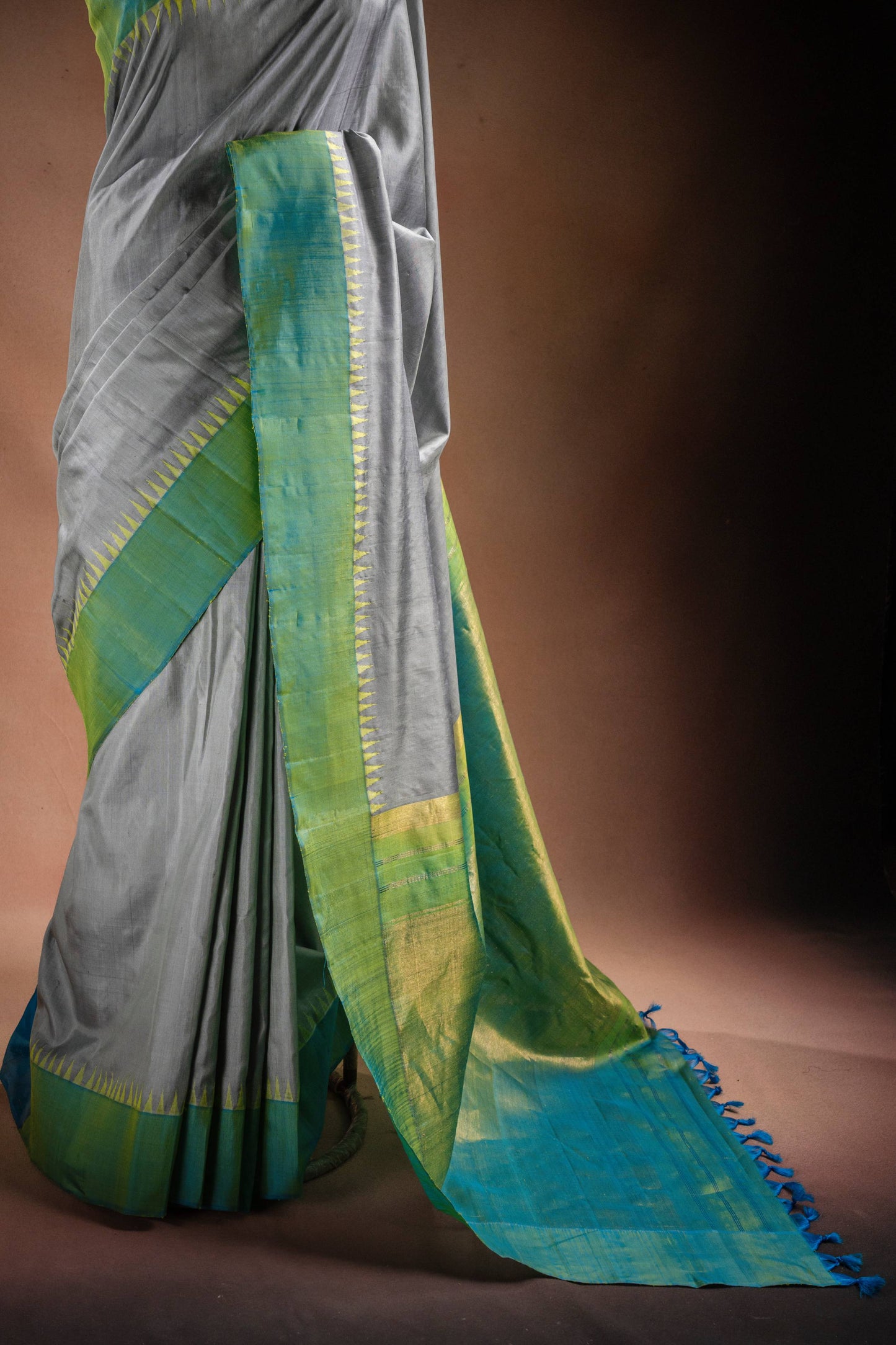 Gadwal Silk Grey with Green Border Saree