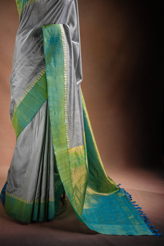 Gadwal Silk Grey with Green Border Saree