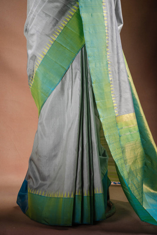 Gadwal Silk Grey with Green Border Saree