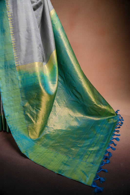 Gadwal Silk Grey with Green Border Saree