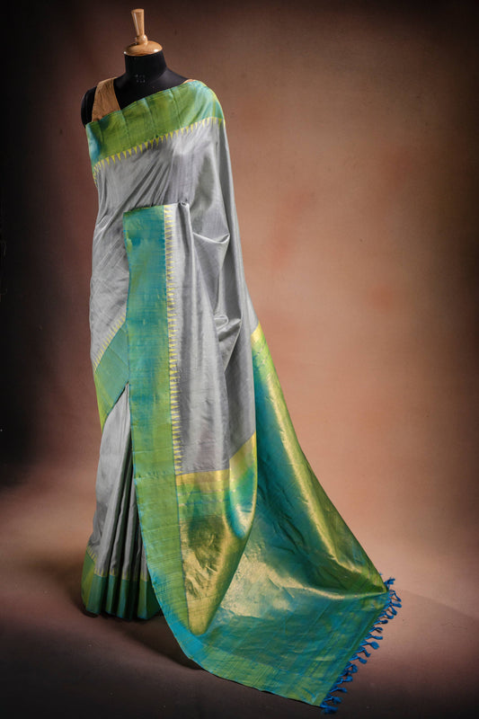 Gadwal Silk Grey with Green Border Saree