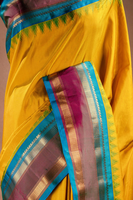 Gadwal Silk Yellow with Blue Border Saree