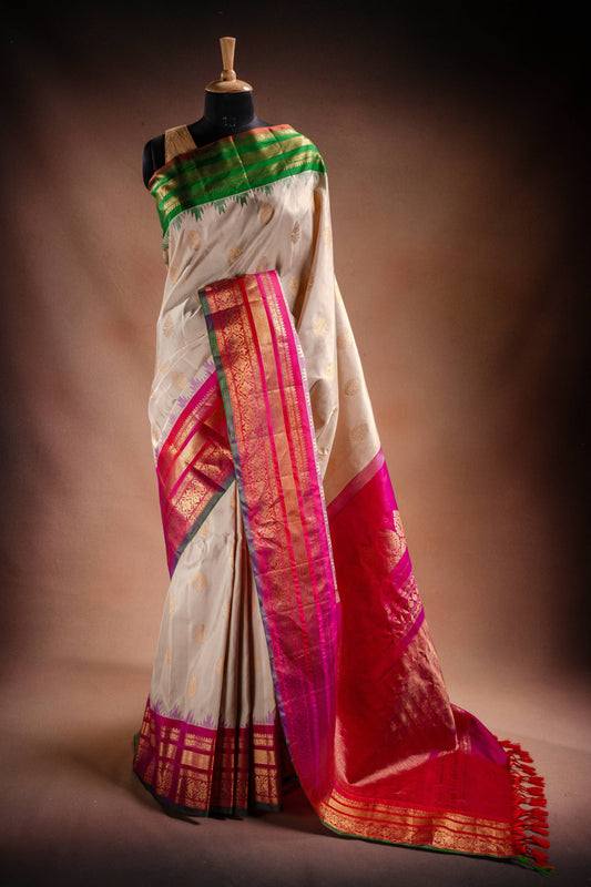 Gadwal Silk Off White with Pink and Green Border Saree