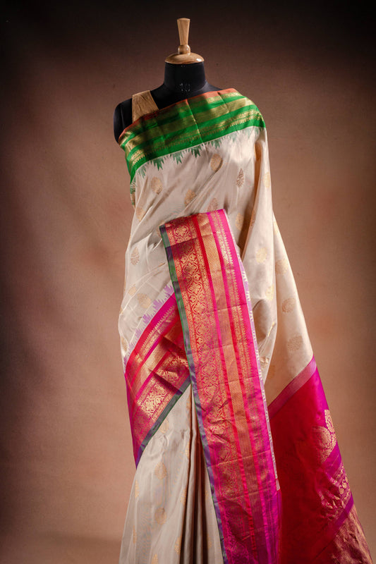 Gadwal Silk Off White with Pink and Green Border Saree