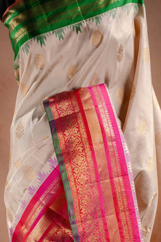 Gadwal Silk Off White with Pink and Green Border Saree