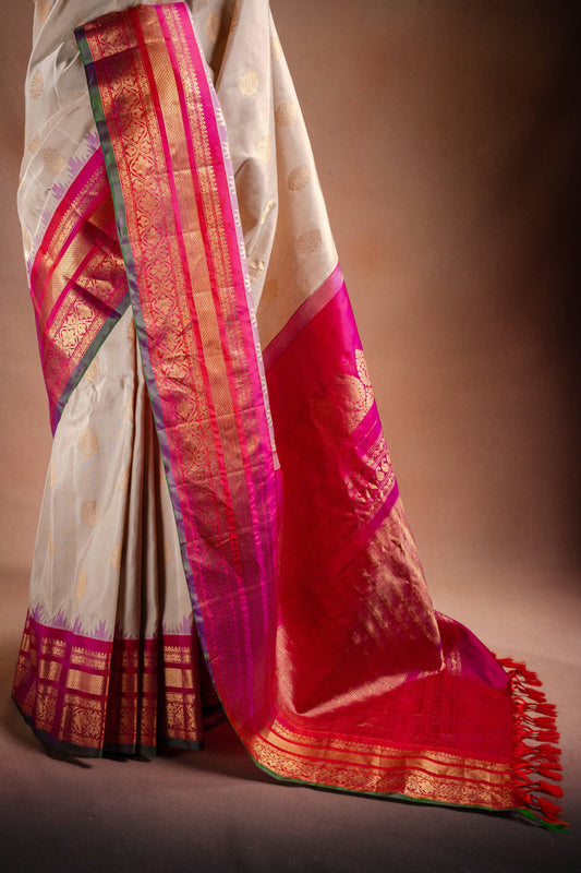 Gadwal Silk Off White with Pink and Green Border Saree
