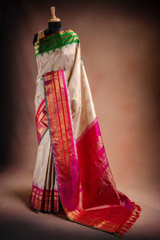 Gadwal Silk Off White with Pink and Green Border Saree