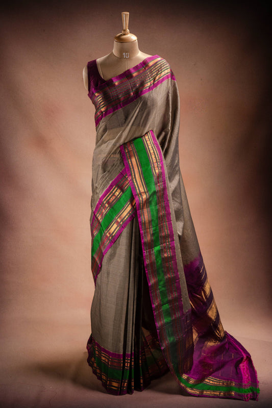 Grey Gadwal Cotton Mix Saree with Green & Purple Border