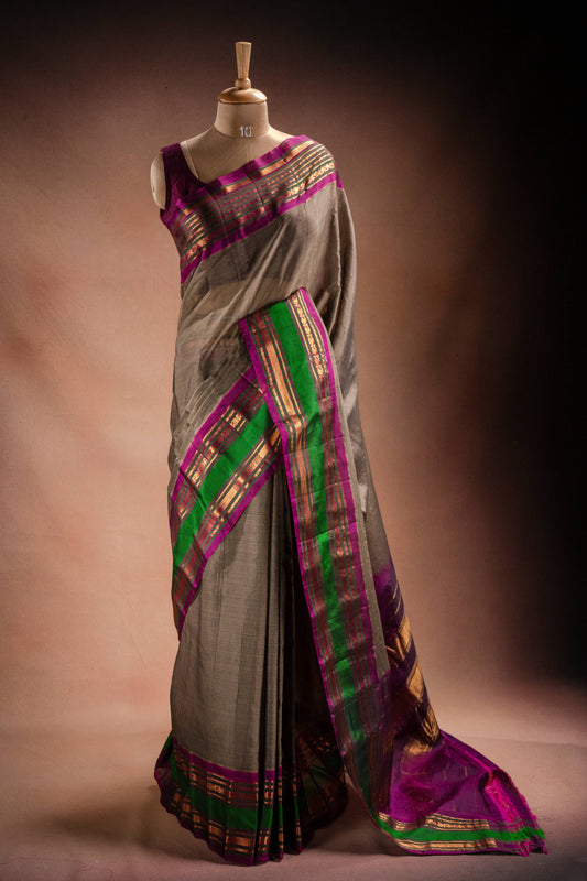 Grey Gadwal Cotton Mix Saree with Green & Purple Border