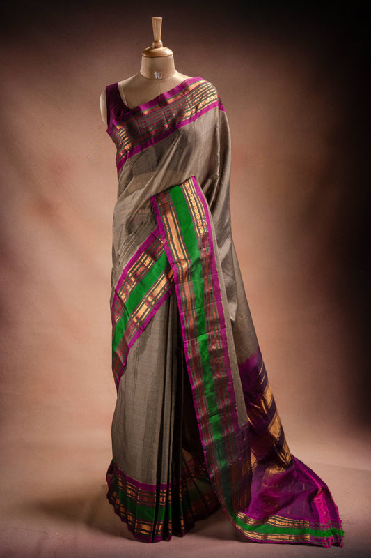 Grey Gadwal Cotton Mix Saree with Green & Purple Border