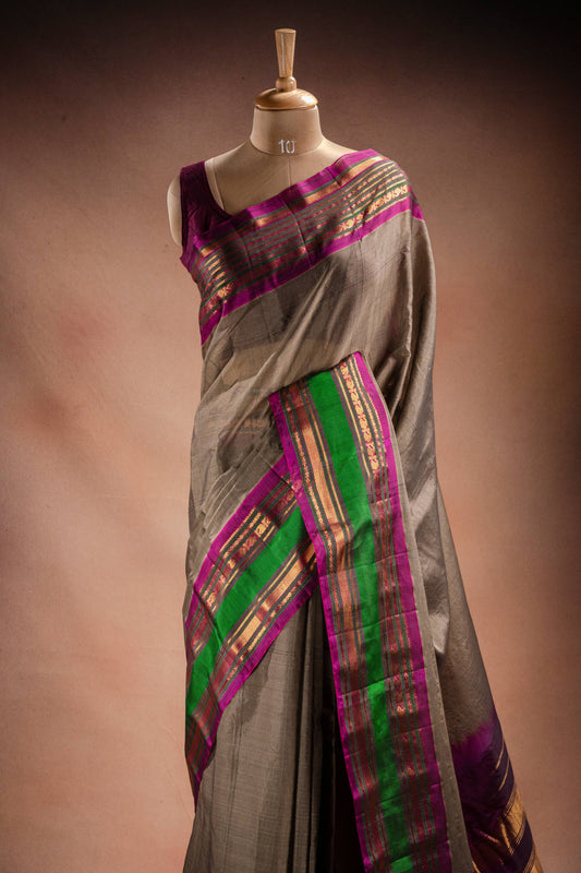 Grey Gadwal Cotton Mix Saree with Green & Purple Border