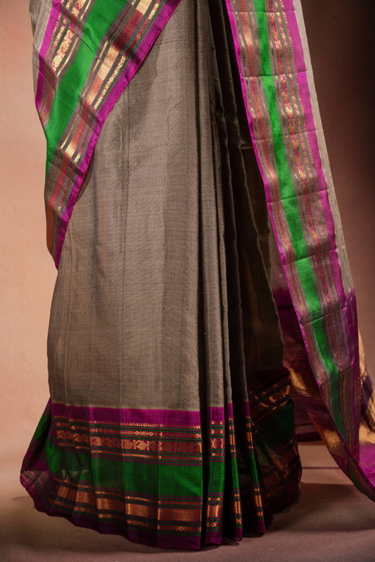 Grey Gadwal Cotton Mix Saree with Green & Purple Border