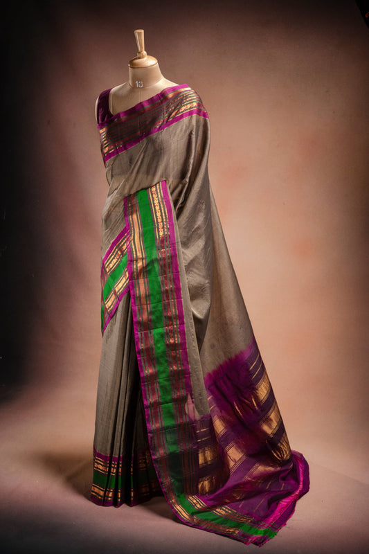 Grey Gadwal Cotton Mix Saree with Green & Purple Border