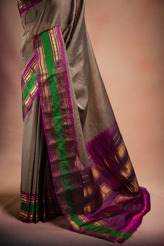 Grey Gadwal Cotton Mix Saree with Green & Purple Border