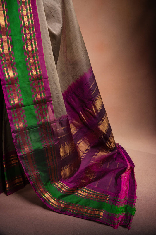 Grey Gadwal Cotton Mix Saree with Green & Purple Border