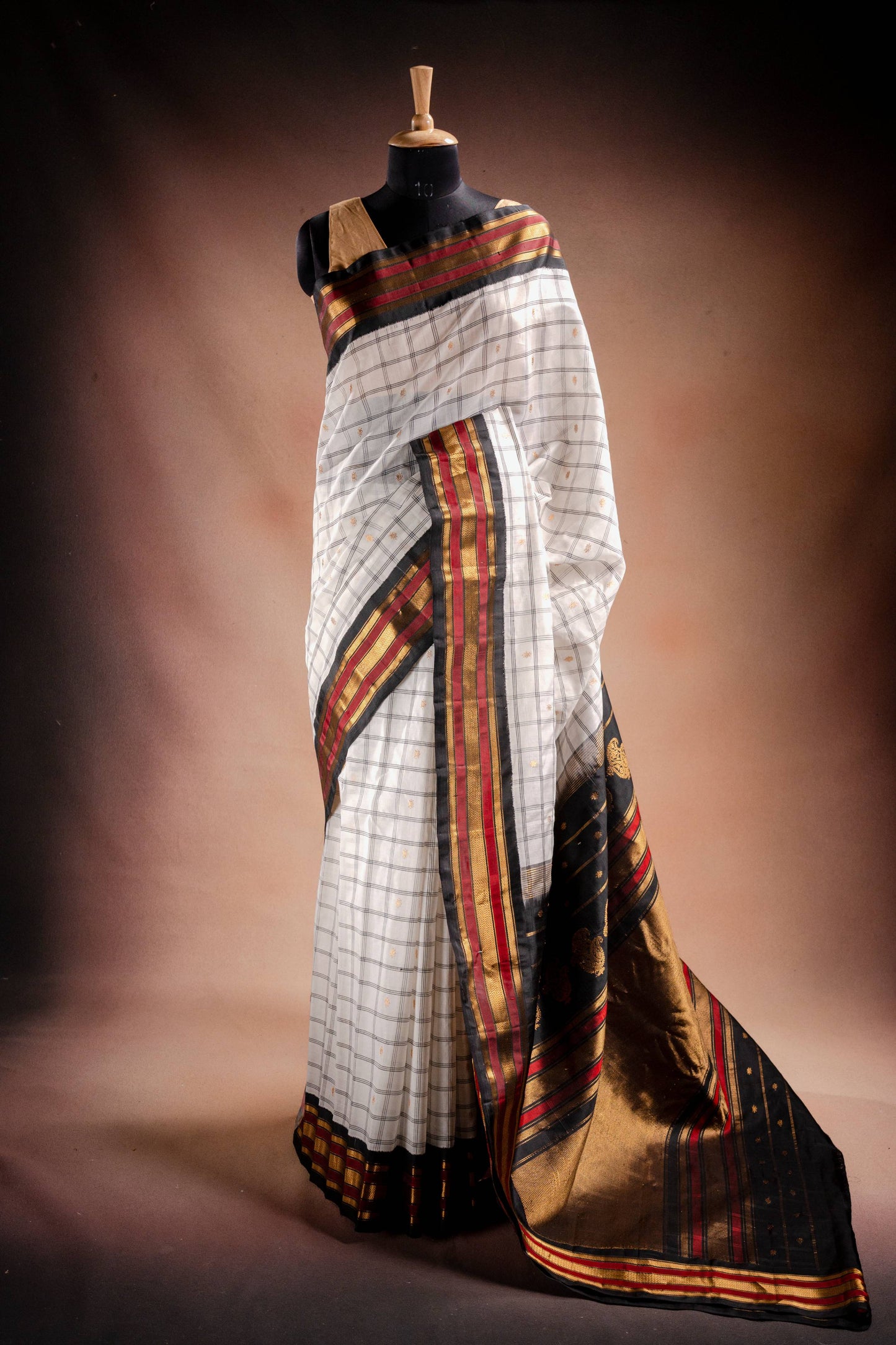 Gadwal Silk White with Black and Red Border Saree