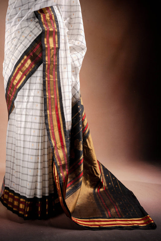Gadwal Silk White with Black and Red Border Saree