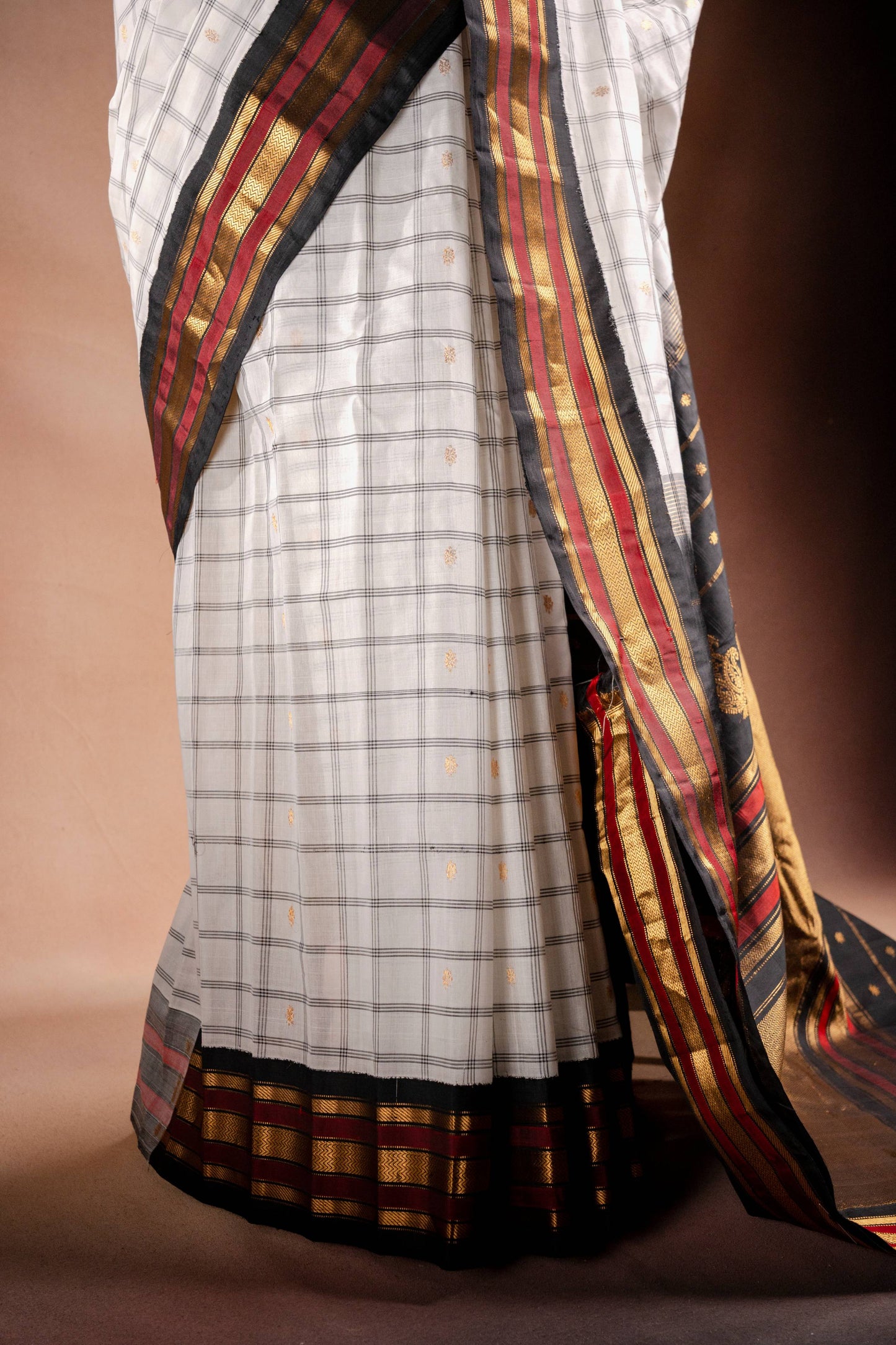 Gadwal Silk White with Black and Red Border Saree