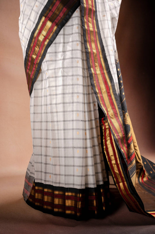 Gadwal Silk White with Black and Red Border Saree