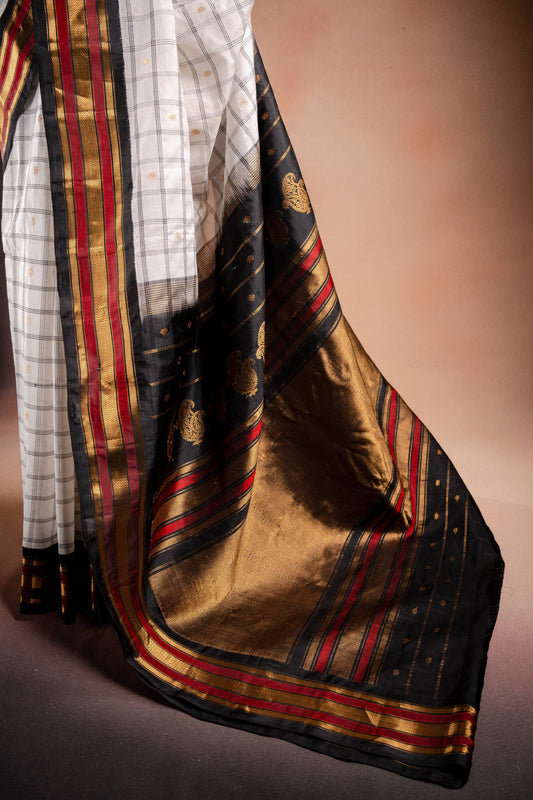 Gadwal Silk White with Black and Red Border Saree