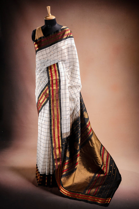 Gadwal Silk White with Black and Red Border Saree