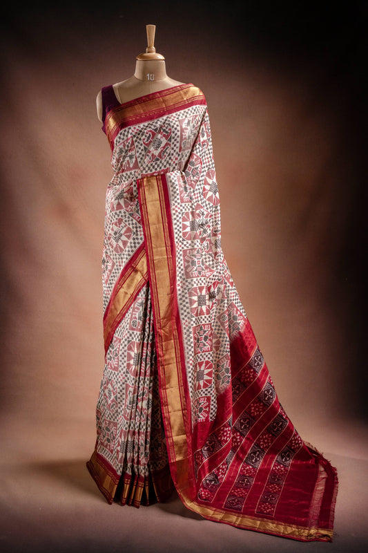 Grey Pochampally Saree with Red Border