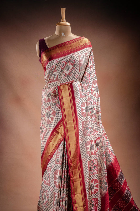 Grey Pochampally Saree with Red Border