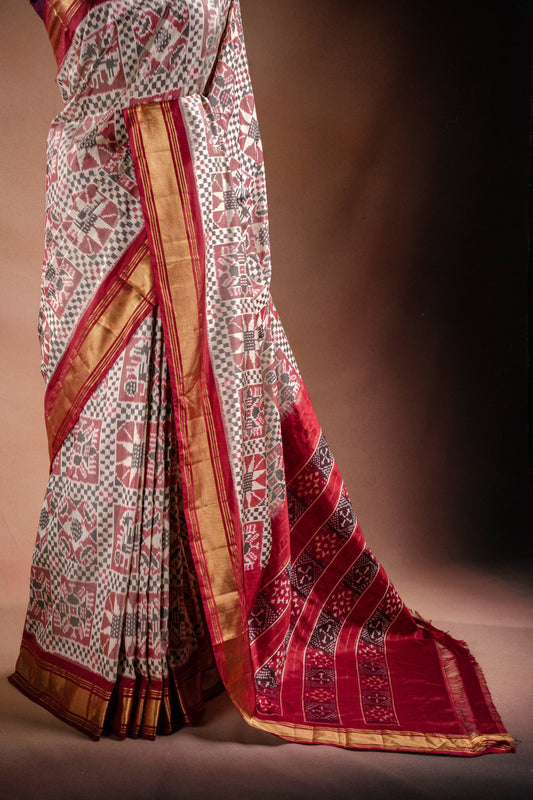 Grey Pochampally Saree with Red Border