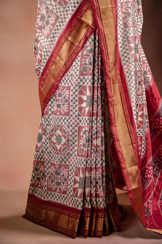 Grey Pochampally Saree with Red Border