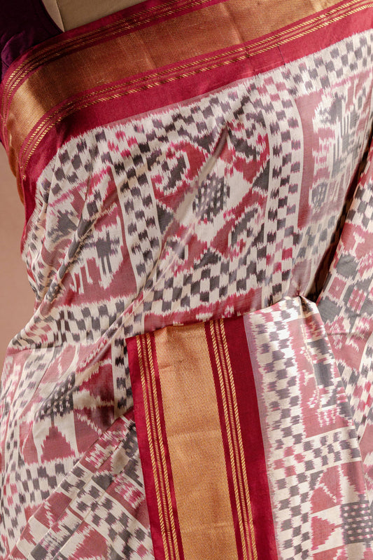 Grey Pochampally Saree with Red Border