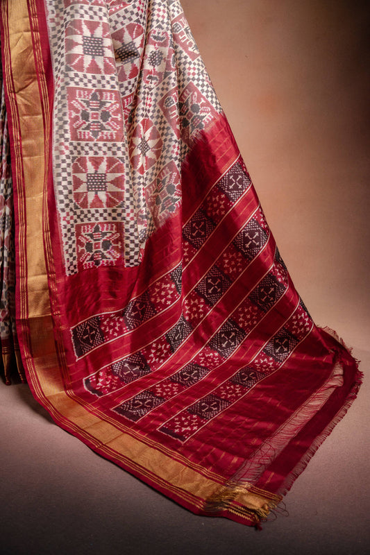 Grey Pochampally Saree with Red Border