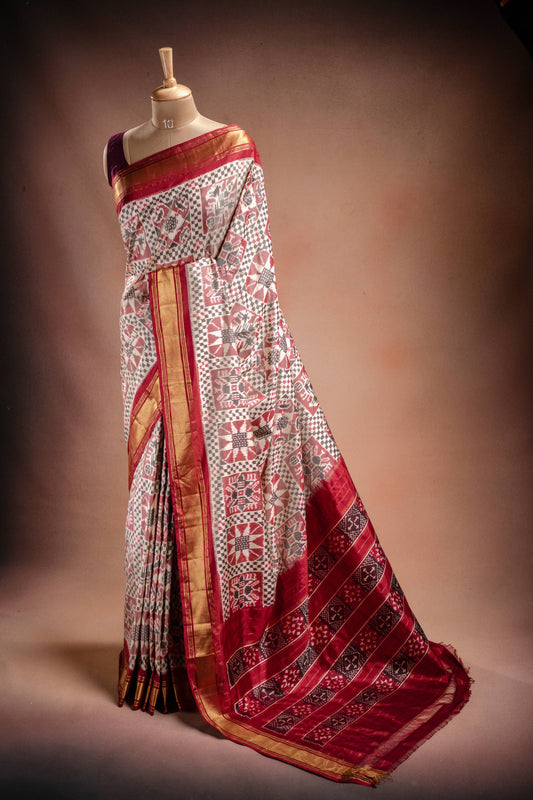 Grey Pochampally Saree with Red Border